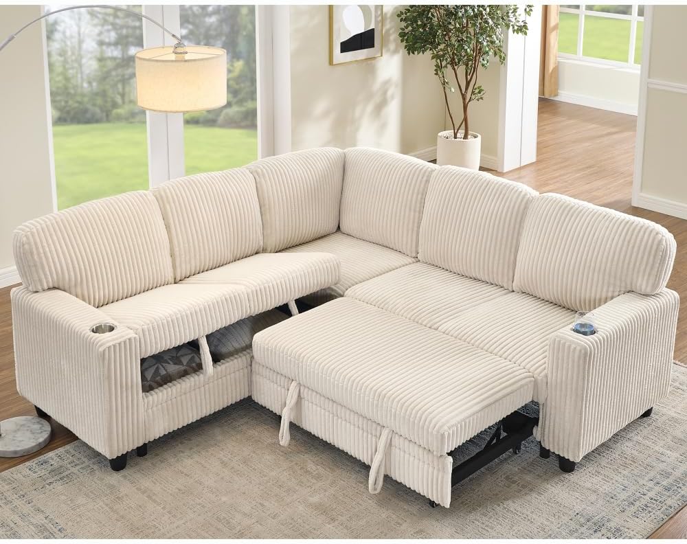 L-Shaped Sectional Sofa Bed with Pull-Out Bed & Storage, 5-Seat Sleeper Couch with USB Charging, Convertible Design for Living Room, Apartment, Corduroy Fabric, Beige