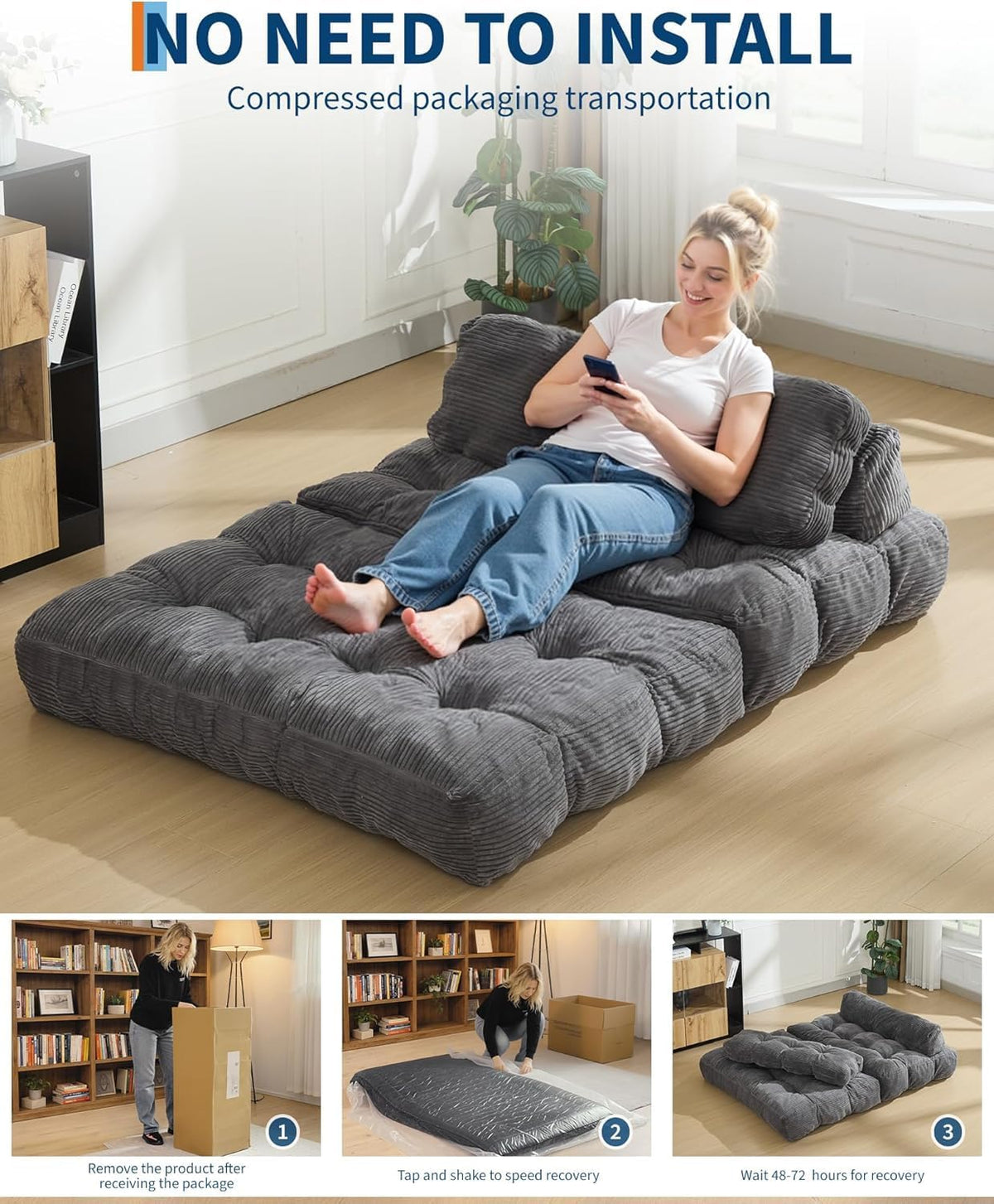 3-in-1 Convertible Floor Sofa Bed, Memory Foam Futon Lounger with Back