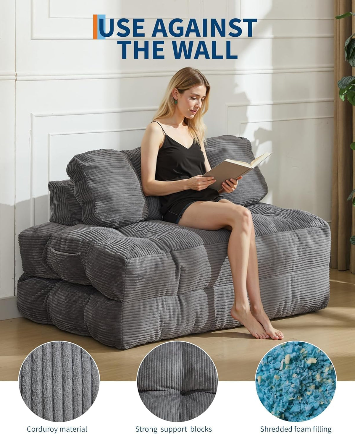 3-in-1 Convertible Floor Sofa Bed, Memory Foam Futon Lounger with Back