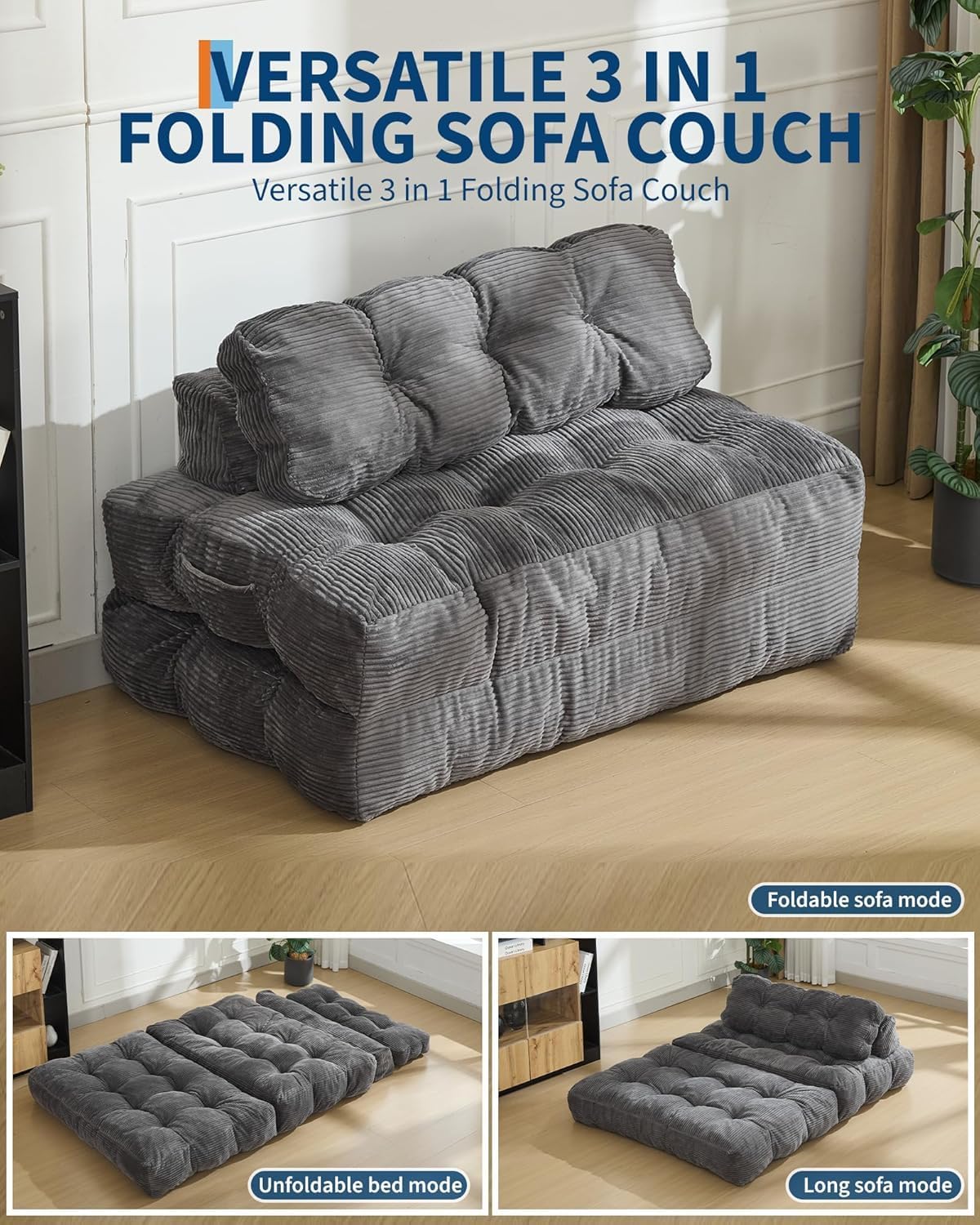 3-in-1 Convertible Floor Sofa Bed, Memory Foam Futon Lounger with Back