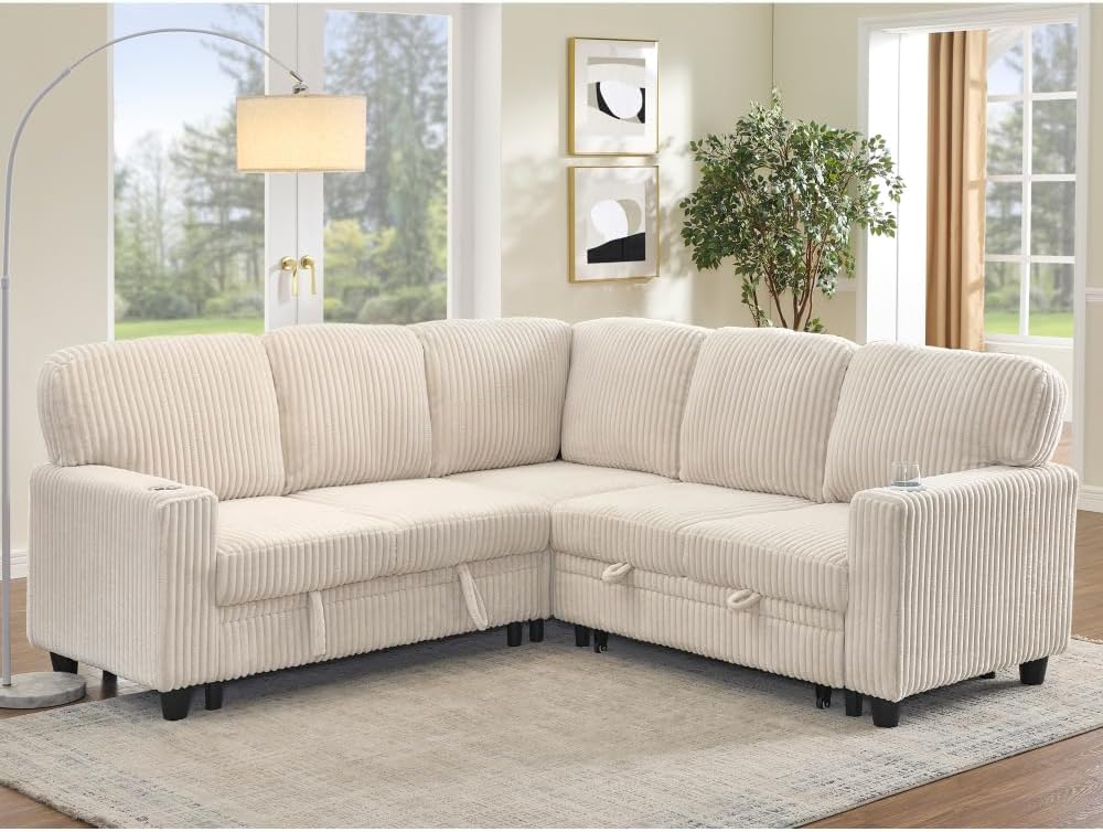 L-Shaped Sectional Sofa Bed with Pull-Out Bed & Storage, 5-Seat Sleeper Couch with USB Charging, Convertible Design for Living Room, Apartment, Corduroy Fabric, Beige