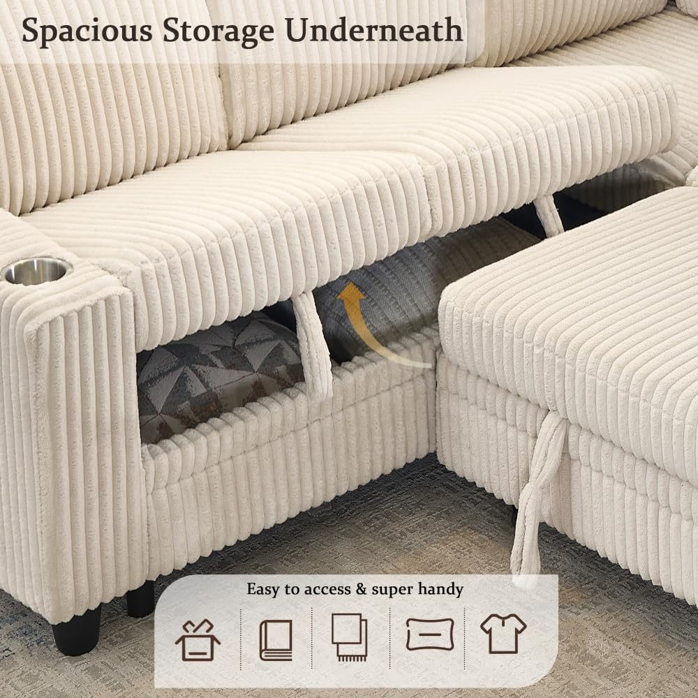 L-Shaped Sectional Sofa Bed with Pull-Out Bed & Storage, 5-Seat Sleeper Couch with USB Charging, Convertible Design for Living Room, Apartment, Corduroy Fabric, Beige