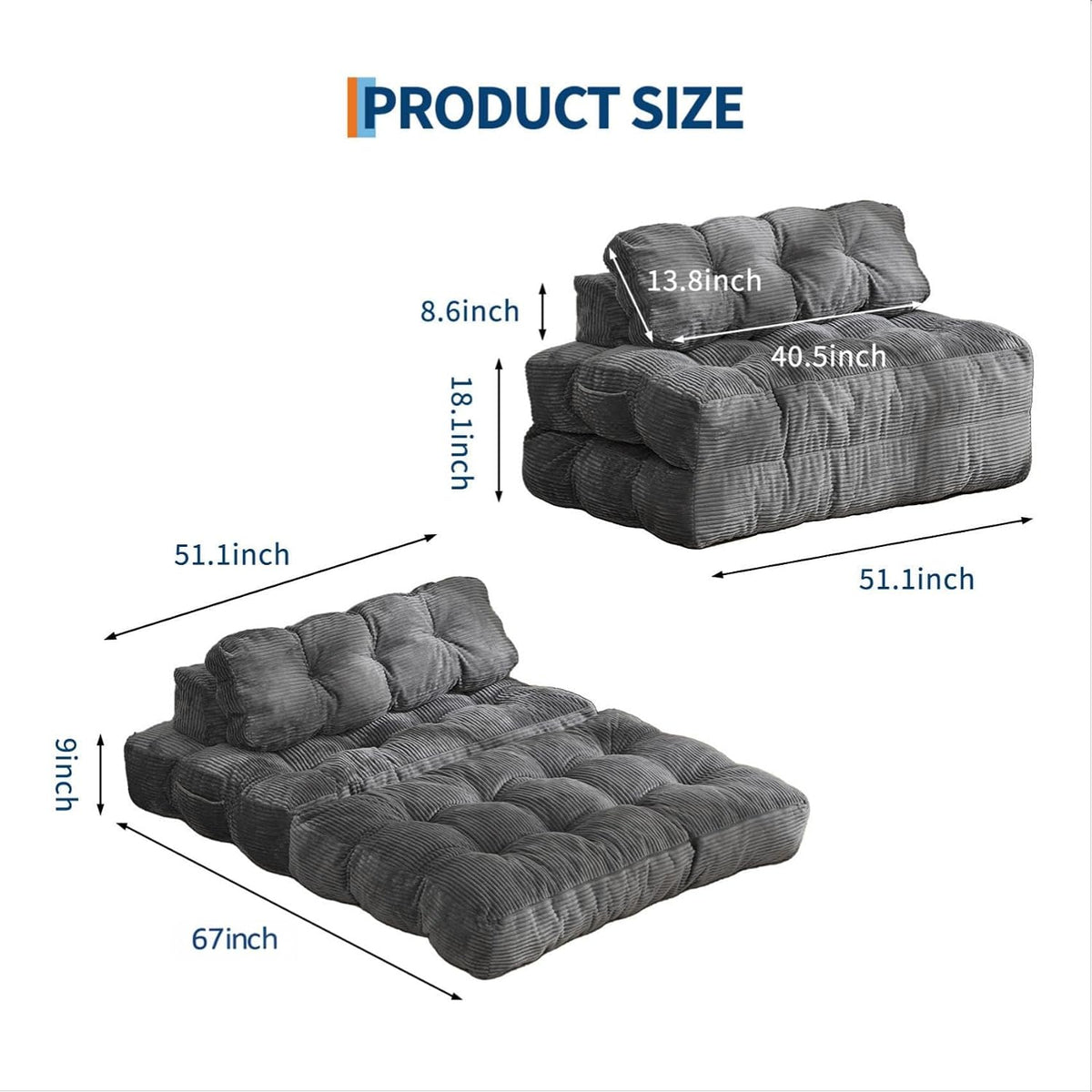 3-in-1 Convertible Floor Sofa Bed, Memory Foam Futon Lounger with Back