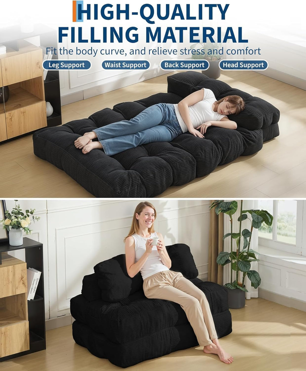 3-in-1 Convertible Floor Sofa Bed, Memory Foam Futon Lounger with Back