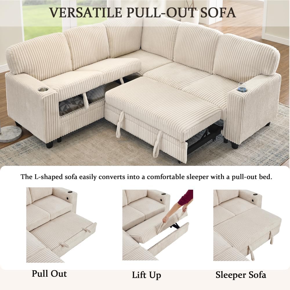 L-Shaped Sectional Sofa Bed with Pull-Out Bed & Storage, 5-Seat Sleeper Couch with USB Charging, Convertible Design for Living Room, Apartment, Corduroy Fabric, Beige