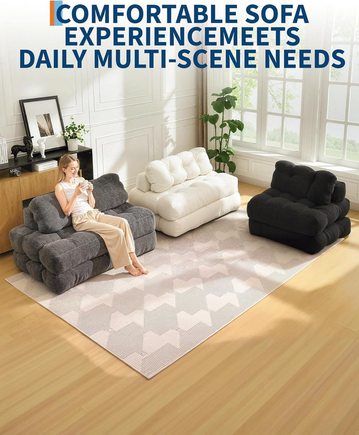 3-in-1 Convertible Floor Sofa Bed, Memory Foam Futon Lounger with Back