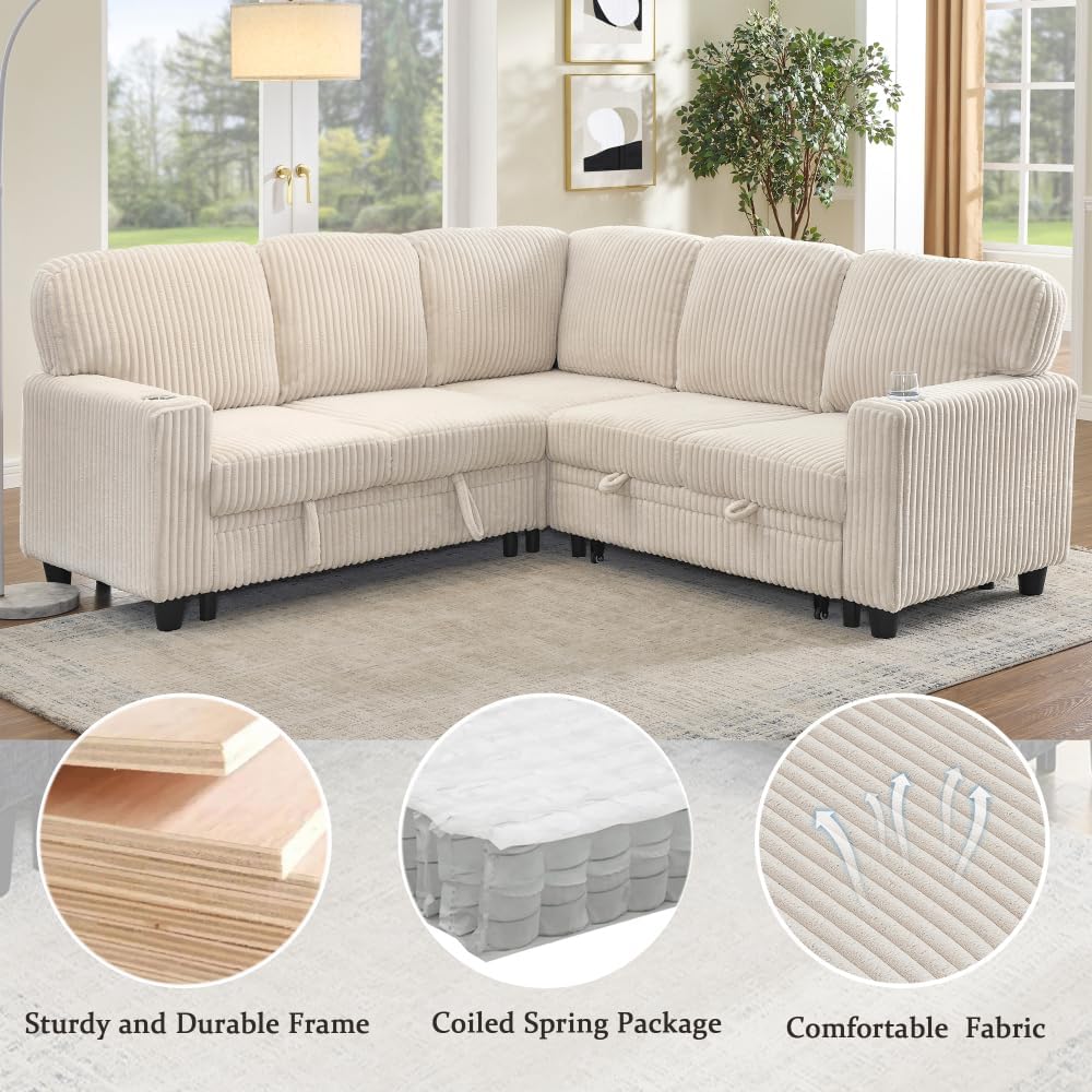 L-Shaped Sectional Sofa Bed with Pull-Out Bed & Storage, 5-Seat Sleeper Couch with USB Charging, Convertible Design for Living Room, Apartment, Corduroy Fabric, Beige
