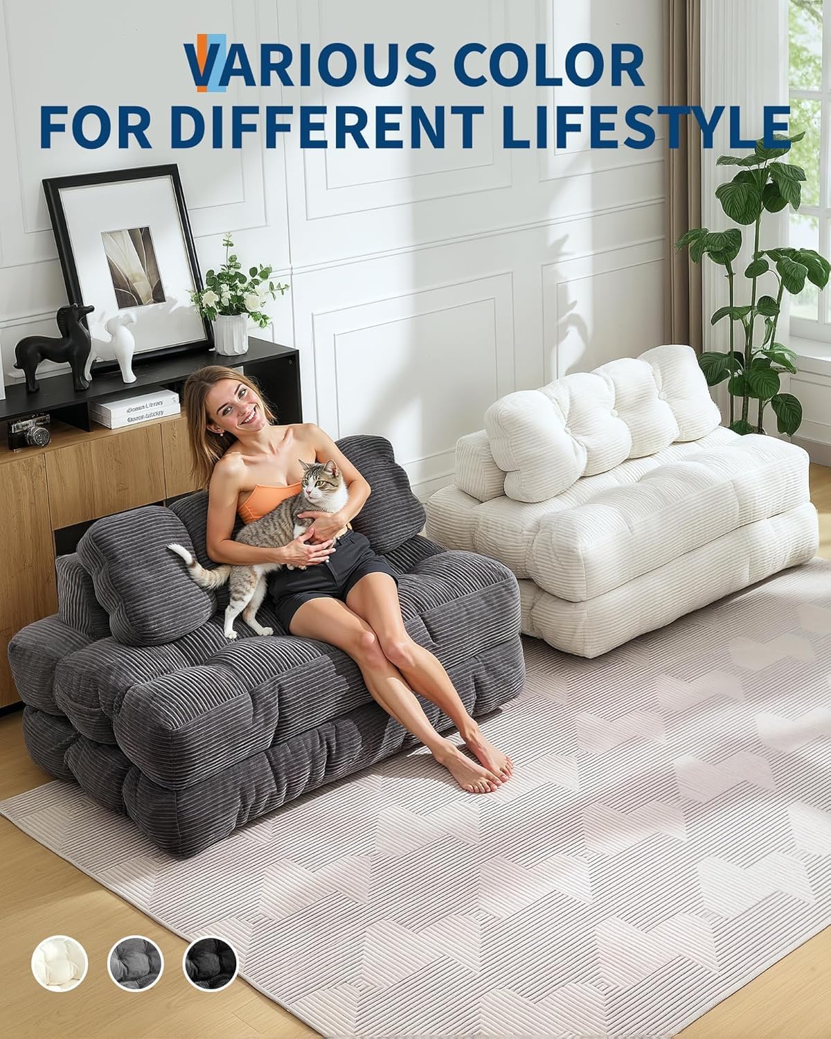 3-in-1 Convertible Floor Sofa Bed, Memory Foam Futon Lounger with Back